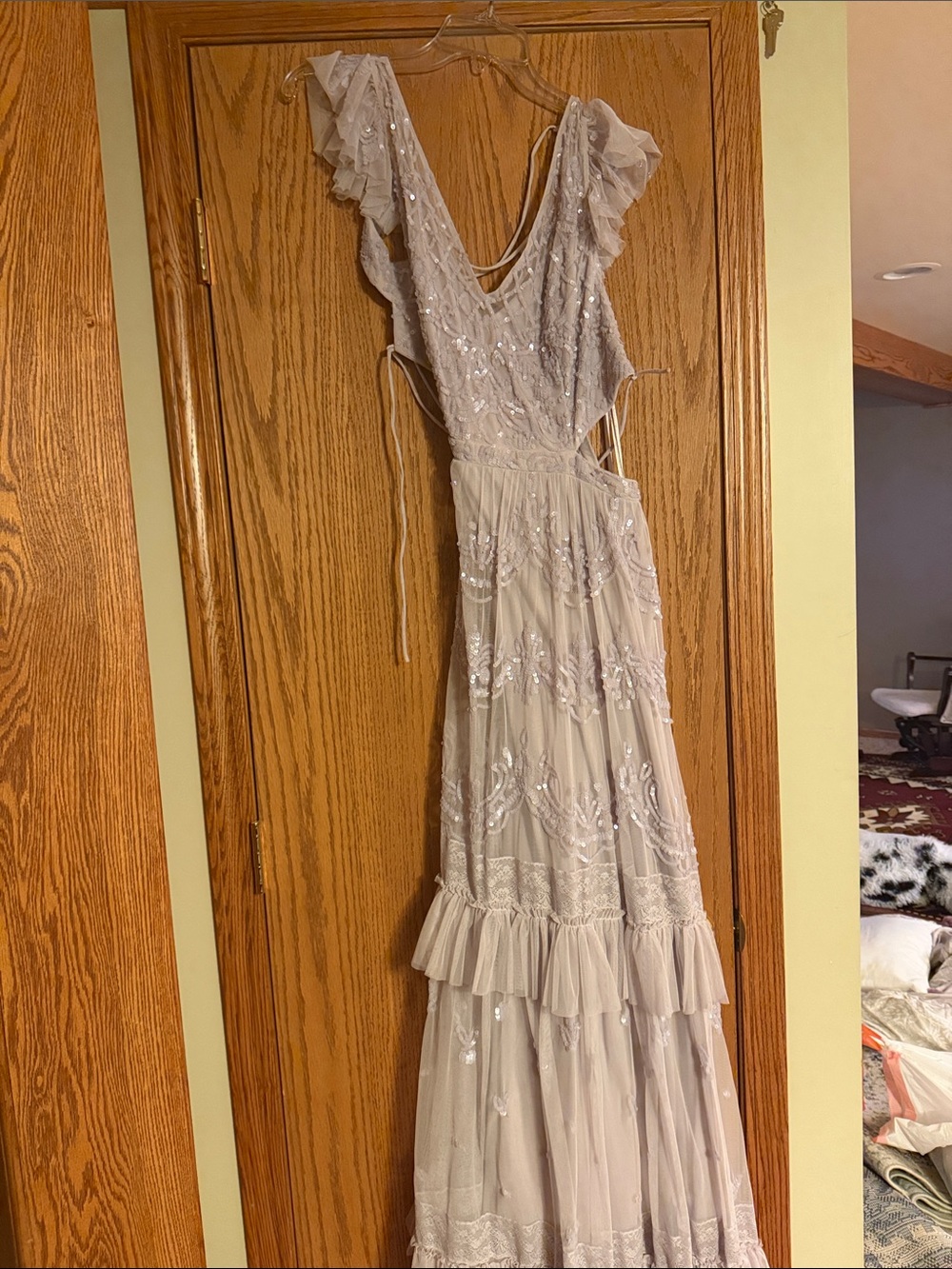 Mac Duggal Light Gray Embellished Tulle Maxi Dress